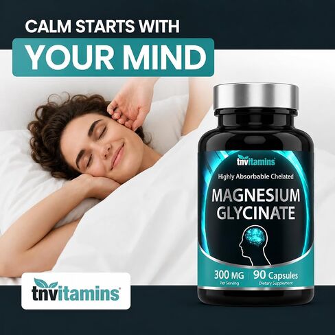 Chelated Magnesium Glycinate Capsules (300 MG x 90 Count) for Women & Men | AKA Magnesium Bisglycinate | Highly Absorbable | Calm, Sleep, Muscle, Nerve, & Stress Support* | by TNVitamins in Kuwait