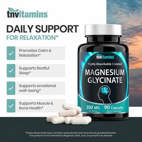 Chelated Magnesium Glycinate Capsules (300 MG x 90 Count) for Women & Men | AKA Magnesium Bisglycinate | Highly Absorbable | Calm, Sleep, Muscle, Nerve, & Stress Support* | by TNVitamins in Kuwait