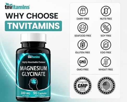 Chelated Magnesium Glycinate Capsules (300 MG x 90 Count) for Women & Men | AKA Magnesium Bisglycinate | Highly Absorbable | Calm, Sleep, Muscle, Nerve, & Stress Support* | by TNVitamins in Kuwait