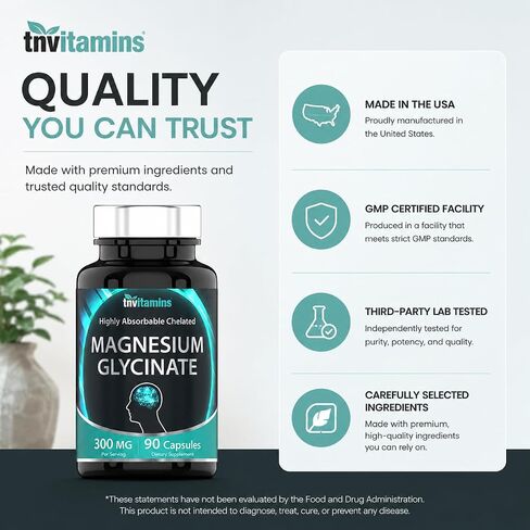 Chelated Magnesium Glycinate Capsules (300 MG x 90 Count) for Women & Men | AKA Magnesium Bisglycinate | Highly Absorbable | Calm, Sleep, Muscle, Nerve, & Stress Support* | by TNVitamins in Kuwait