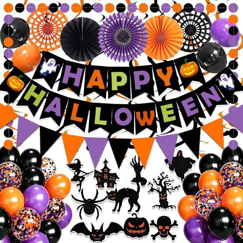 Fecedy Happy Halloween Banner Triangular bunting Paper flower fans Circle garland Latex balloons Swirls for Halloween Party decoration Indoor Outdoor Wall Door Decoration in Saudi Arabia
