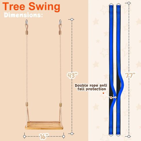 Bamboo Swing for Kids, 77in Tree Straps, 440lb Indoor Outdoor in Saudi Arabia