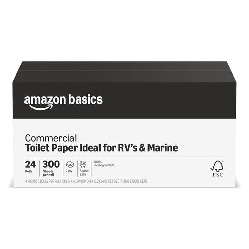 AmazonCommercial 2-Ply Quick Dispensing Toilet Paper for RV's & Marine, Waste-Tank Compatible, Unscented, 7200 Count, 24 Packs of 300 Sheet per Roll, White in Kuwait