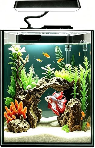 Ultra White Glass Betta Aquarium Starter Kits 1.5 Gallon Small Fish Tank, Betta Fish Tank with LED Light, Power Filter, 4mm Glass in Kuwait