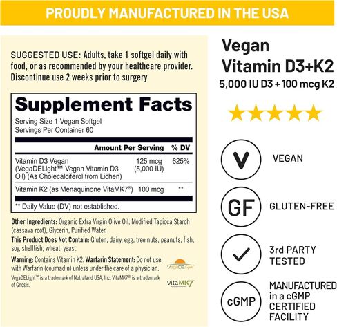 NatureWise فيتامين D3 النباتي 5000iu (125 ميكروجرام) + فيتامين K2 (100mcg VitaMK7) وظيفة العضلات الصحية، ودعم المناعة، غير معدل وراثيًا، خالي من الغلوتين في زيت الزيتون المعصور على البارد in Kuwait