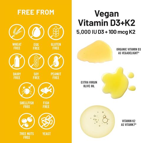 NatureWise فيتامين D3 النباتي 5000iu (125 ميكروجرام) + فيتامين K2 (100mcg VitaMK7) وظيفة العضلات الصحية، ودعم المناعة، غير معدل وراثيًا، خالي من الغلوتين في زيت الزيتون المعصور على البارد in Kuwait