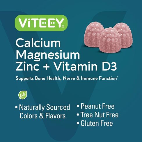 Calcium Magnesium Zinc Gummies with Vitamin D3 - Supports Bone Health, Nerve & Immune Function - Calcium Magnesium Zinc D3 Supplement for Adults & Teens - GMO Free - Chewable Raspberry Flavored Gummy in Kuwait