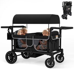 TOLEAD Wagon Stroller for 4 Kids, Foldable 4 Seats Outdoor Stroller Wagon with Canopy, Adjustable Handlebars, 5-Point Safety Harness, Detachable Tray, Portable Bag (Black) in Saudi Arabia