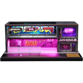 1/64 Scale Cyberpunk Neon Garage Diorama, LED Lighted Miniature Street Auto Repair Bar Scene Model, Diecast Toy Car Parking Display Building in Kuwait