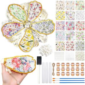 16 Set Large Oyster Shells for Crafts Kit 4"-5" White Natural Shells with Holes Included 32 Pcs Flower Paper Napkin Brushes Gold Acrylic Paint Strips Stickers and White Plastic Pearl for DIY Ornament in Kuwait