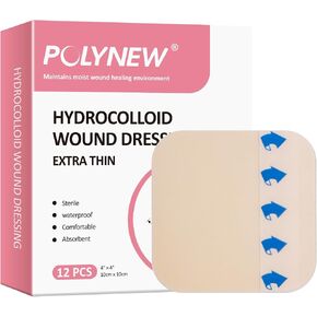 Polynew Thin Hydrocolloid Dressing 12 Pack Without Border 4" x 4" Hydrocolloid Patches, Adhesive Hydrocolloid Bandages, Wound Dressing in Saudi Arabia