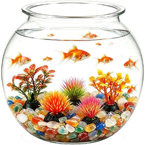 1 Gallon Clear Plastic Fish Bowl Set with 5 Artificial Plants and Colorful Pebbles | Shatterproof Round Aquarium Tank for Betta Fish, Desktop, Home & Office Decor in Saudi Arabia