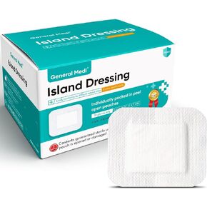 شاش ذو حدود لخلع الملابس من General Medi Sterile Island - 50 قطعة، وسادات شاش مقاس 4 × 4 بوصة، وسادة للعناية بالجروح مع حدود لاصقة - وسادة ضمادة طبية معقمة وناعمة وعالية الامتصاص in Kuwait