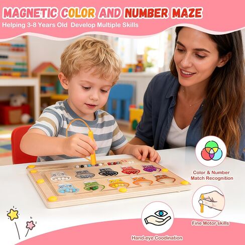 2 IN 1 Magnetic Color and Number Maze, Montessori Toys with Drawing Board for 3 4 5 Year Old, Wooden Magnet Balls Puzzles, Learning Educational Toys for Kids Toddlers Boys Girls Christmas Birthday in Kuwait