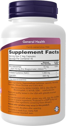 NOW Supplements, NAC Quercetin and Zinc, Immune and Respiratory Support*, 1,000 mg NAC, 500 mg Quercetin, 15 mg Zinc, 90 Veg Capsules in Kuwait