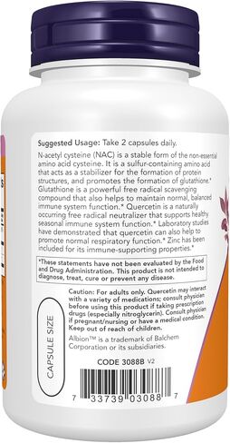 NOW Supplements, NAC Quercetin and Zinc, Immune and Respiratory Support*, 1,000 mg NAC, 500 mg Quercetin, 15 mg Zinc, 90 Veg Capsules in Kuwait