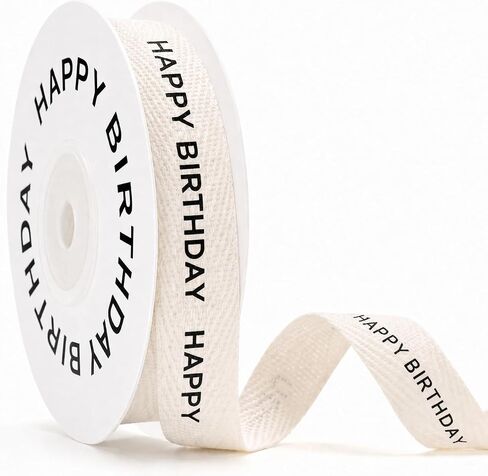 KINGLAKE Happy Birthday Cotton Ribbon 5/8 Inch x 10 Yards Natural Twill Tape Herringbone Cotton Crafts Gift Wrapping Ribbon for Birthday Party Gifts Wrapping in Kuwait