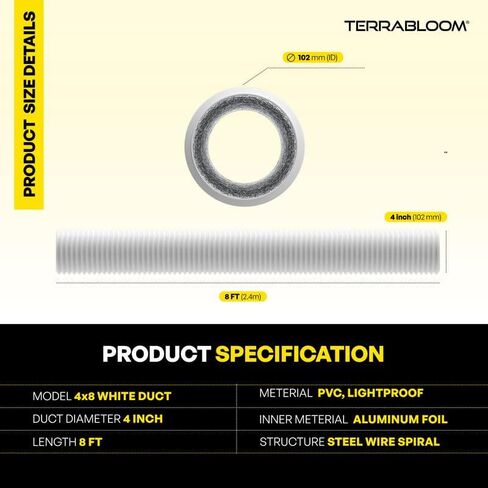 TerraBloom Flexible 4 Inch Ducting - White 8 Feet Flex Aluminum Duct with 2 Clamps – 4 Layer HVAC Ventilation Air Hose - Great For Grow Tents, Dryer Rooms, House Vent Register Lines in Kuwait