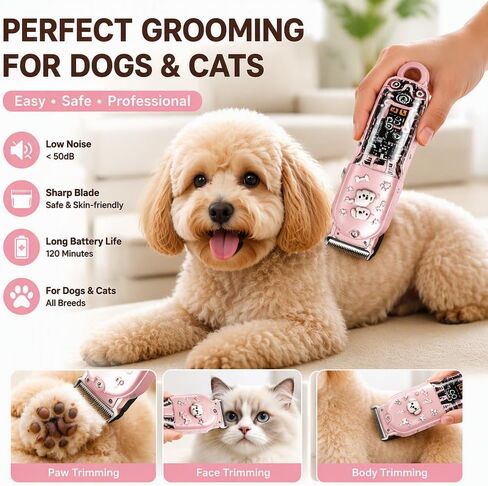 Professional High Power Pet Electric Clippers- Ultra Quiet Cordless Rechargeable LithiumBattery Golden and Pink Grooming Tool with 4 Limit CombsSharp Blades Ergonomic Grip for Small LargeDogs Cats in Kuwait