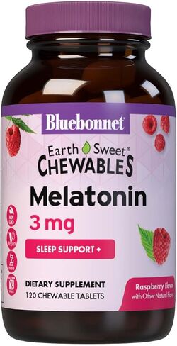 Bluebonnet Nutrition EarthSweet Melatonin 3 mg سريع المفعول وسريع الذوبان والاسترخاء أثناء الليل ودعم النوم المريح - مساعد النوم - خالي من الغلوتين، نباتي - نكهة التوت - 120 قرصًا قابلاً للمضغ in Kuwait