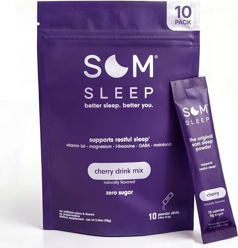 Som Sleep, Restful Sleep Powder Drink Mix w/Melatonin, Magnesium, Vitamin B6, L-Theanine & GABA – Vegan, Zero Sugar, Keto Friendly – Cherry, 10-Pack in Kuwait