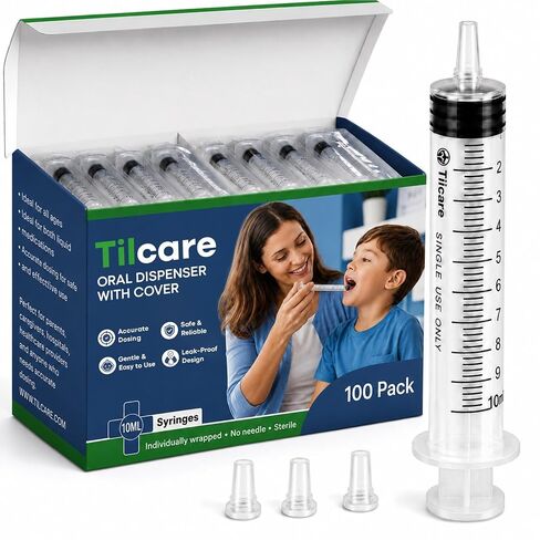 10ml Oral Dispenser Syringe with Cover 100 Pack by Tilcare - Sterile Plastic Medicine Droppers for Children, Pets & Adults – Latex-Free Medication Syringe - Syringes for Glue and Epoxy in Kuwait