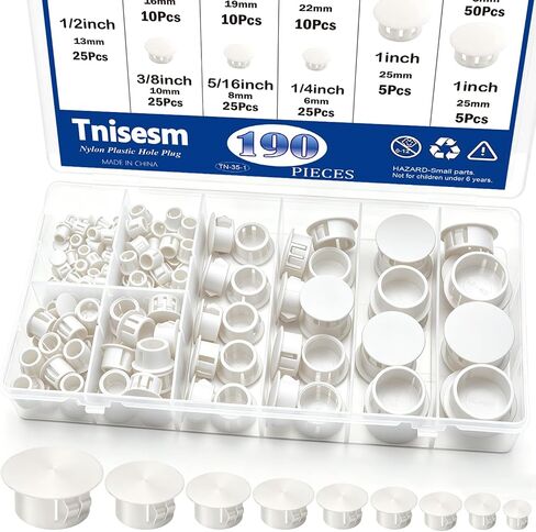 Tnisesm 160Pcs 6 Sizes Nylon Plastic Hole Plugs White 1/5" 1/4" 5/16" 3/8" 1/2" 1" Round Drill Hole, Flush Type Panel Knockout Locking Plugs, Black Screw Covers for Furniture Cabinet Insert End Caps in Kuwait