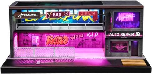 1/64 Scale Cyberpunk Neon Garage Diorama, LED Lighted Miniature Street Auto Repair Bar Scene Model, Diecast Toy Car Parking Display Building in Kuwait