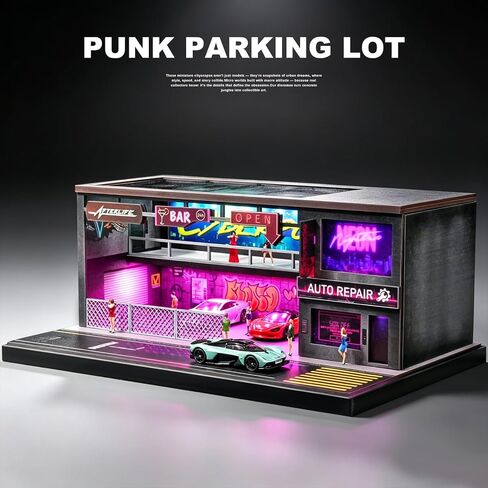 1/64 Scale Cyberpunk Neon Garage Diorama, LED Lighted Miniature Street Auto Repair Bar Scene Model, Diecast Toy Car Parking Display Building in Kuwait