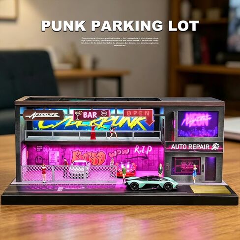 1/64 Scale Cyberpunk Neon Garage Diorama, LED Lighted Miniature Street Auto Repair Bar Scene Model, Diecast Toy Car Parking Display Building in Kuwait