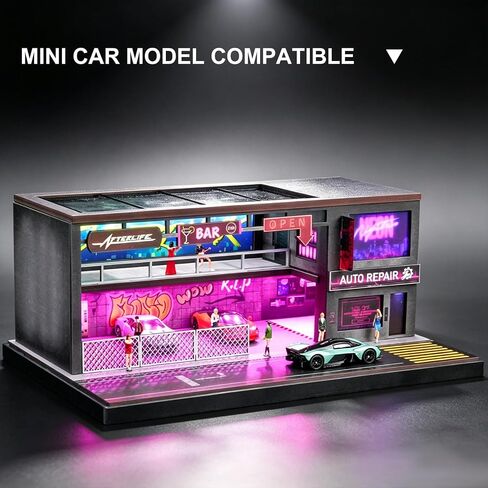 1/64 Scale Cyberpunk Neon Garage Diorama, LED Lighted Miniature Street Auto Repair Bar Scene Model, Diecast Toy Car Parking Display Building in Kuwait