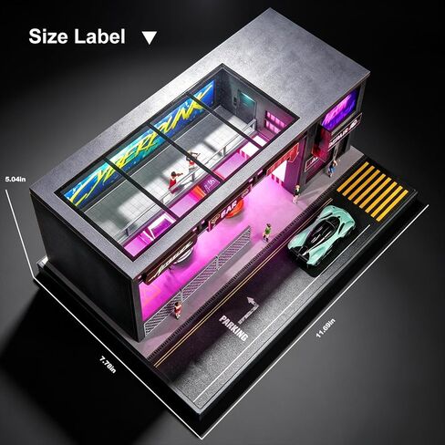 1/64 Scale Cyberpunk Neon Garage Diorama, LED Lighted Miniature Street Auto Repair Bar Scene Model, Diecast Toy Car Parking Display Building in Kuwait