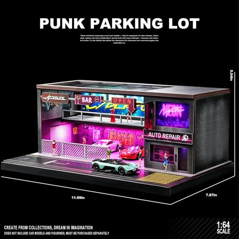 1/64 Scale Cyberpunk Neon Garage Diorama, LED Lighted Miniature Street Auto Repair Bar Scene Model, Diecast Toy Car Parking Display Building in Kuwait