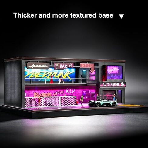 1/64 Scale Cyberpunk Neon Garage Diorama, LED Lighted Miniature Street Auto Repair Bar Scene Model, Diecast Toy Car Parking Display Building in Kuwait