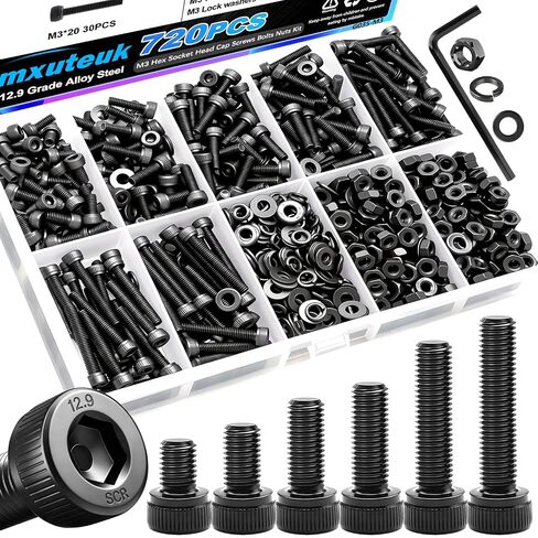 mxuteuk M2 Screw Assortment Set,M2 x 4/6/8/10/12/16/20mm Hex Socket Head Cap Screws Bolts Nuts Kit, 520PCS 12.9 Grade Alloy Steel Assorted Screws with Hex Wrench G035 in Kuwait