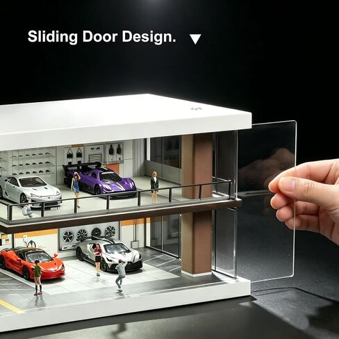 1/64-scale car Garage Diorama Featuring LED Lighting, Sliding Acrylic Doors, and a Two-Tier Display case—Perfect for showcasing die-cast Model Cars, Hot Wheels, and Mini GT in Kuwait