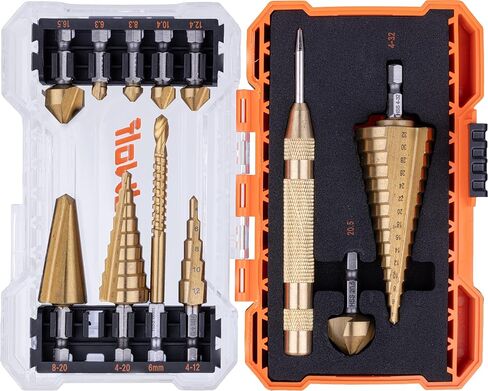 NordWolf 12-Piece HSS Titanium Metric Step, Countersink, Cone Drills with 1/4" Hex Shank, Multi Drill Saw & Automatic Center Punch Combination Set in Storage Case in Kuwait