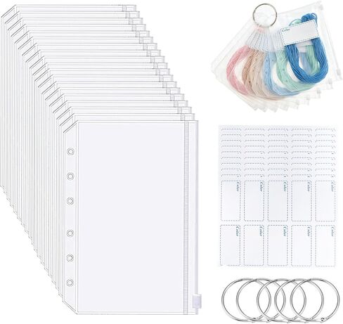 100 Pcs Embroidery Floss Storage Bags - A7 Clear Zipper Pouches with Holes, 100 Blank Stickers & 5 Metal Loose Leaf Binder Rings for Thread, Beads & Small Parts Organizing in Kuwait