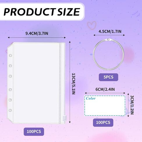 100 Pcs Embroidery Floss Storage Bags - A7 Clear Zipper Pouches with Holes, 100 Blank Stickers & 5 Metal Loose Leaf Binder Rings for Thread, Beads & Small Parts Organizing in Kuwait