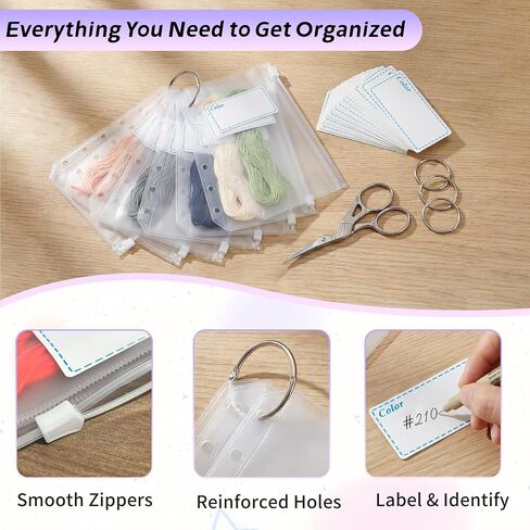 100 Pcs Embroidery Floss Storage Bags - A7 Clear Zipper Pouches with Holes, 100 Blank Stickers & 5 Metal Loose Leaf Binder Rings for Thread, Beads & Small Parts Organizing in Kuwait