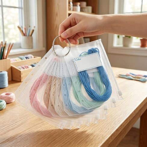 100 Pcs Embroidery Floss Storage Bags - A7 Clear Zipper Pouches with Holes, 100 Blank Stickers & 5 Metal Loose Leaf Binder Rings for Thread, Beads & Small Parts Organizing in Kuwait