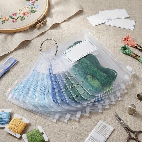 100 Pcs Embroidery Floss Storage Bags - A7 Clear Zipper Pouches with Holes, 100 Blank Stickers & 5 Metal Loose Leaf Binder Rings for Thread, Beads & Small Parts Organizing in Kuwait