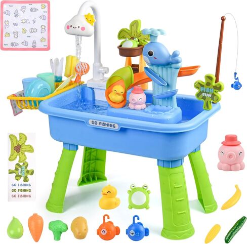 Upgraded Toddler Sand Water Table Toy with Electric Water Pump, Kids Sand Water with Faucet/Play Food Accessories/Fishing Toy, Kitchen Play Sink Toys for Girl Boy Age 3+ (Blue) in Kuwait