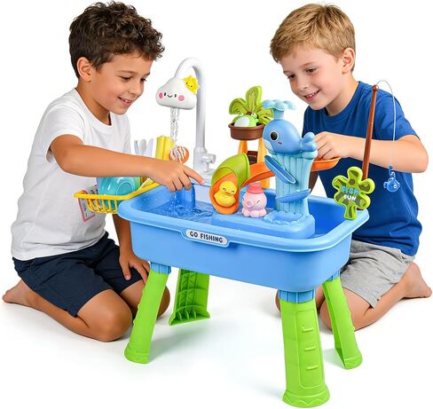 Upgraded Toddler Sand Water Table Toy with Electric Water Pump, Kids Sand Water with Faucet/Play Food Accessories/Fishing Toy, Kitchen Play Sink Toys for Girl Boy Age 3+ (Blue) in Kuwait