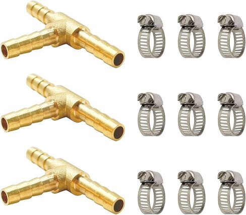 LIONMAX 3 Way Union Barb T Fitting 3 PCS, 5/16" x 5/16" x 5/16" ID Hose Barb, Brass Hose Barb Tee Fittings, with 9 Hose Clamps, for Water/Fuel/Air in Kuwait