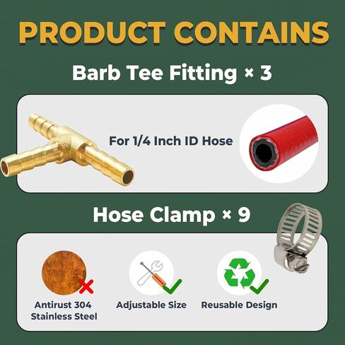 LIONMAX 3 Way Union Barb T Fitting 3 PCS, 5/16" x 5/16" x 5/16" ID Hose Barb, Brass Hose Barb Tee Fittings, with 9 Hose Clamps, for Water/Fuel/Air in Kuwait