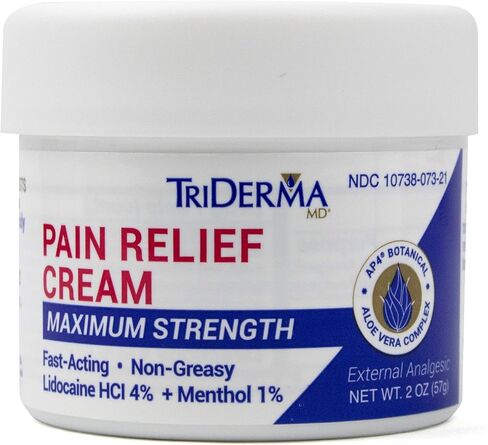 TriDerma Pain Relief Cream Maximum Strength, FSA Eligilbe - Heel, Foot Pain, Back, Neck Pain, Arthritis, Muscle Recovery, Nerve Pain Relief - Lidocaine, Arnica, Menthol, AP4 Aloe, 2 oz jar in Kuwait