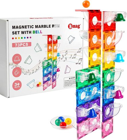 Bmag Magnetic Marble Run Set with Happy Birthday Sound Bell 73Pcs, Designed with Creative Curved Tunnels for STEM Educational Support, Birthday Gift for Boys & Girls Ages 3+ in Kuwait