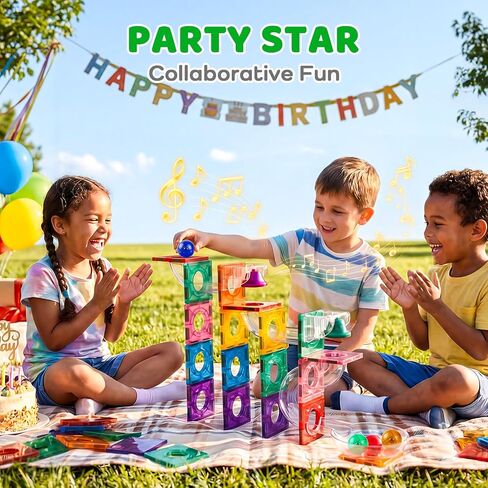 Bmag Magnetic Marble Run Set with Happy Birthday Sound Bell 73Pcs, Designed with Creative Curved Tunnels for STEM Educational Support, Birthday Gift for Boys & Girls Ages 3+ in Kuwait