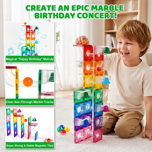 Bmag Magnetic Marble Run Set with Happy Birthday Sound Bell 73Pcs, Designed with Creative Curved Tunnels for STEM Educational Support, Birthday Gift for Boys & Girls Ages 3+ in Kuwait